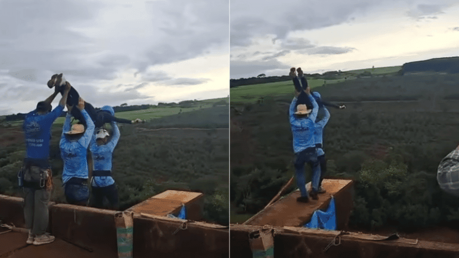 A screengrab from footage of Maria Eduarda Rodrigues de Freitas being launched from Ponte do Esqueleto without a safety rope.