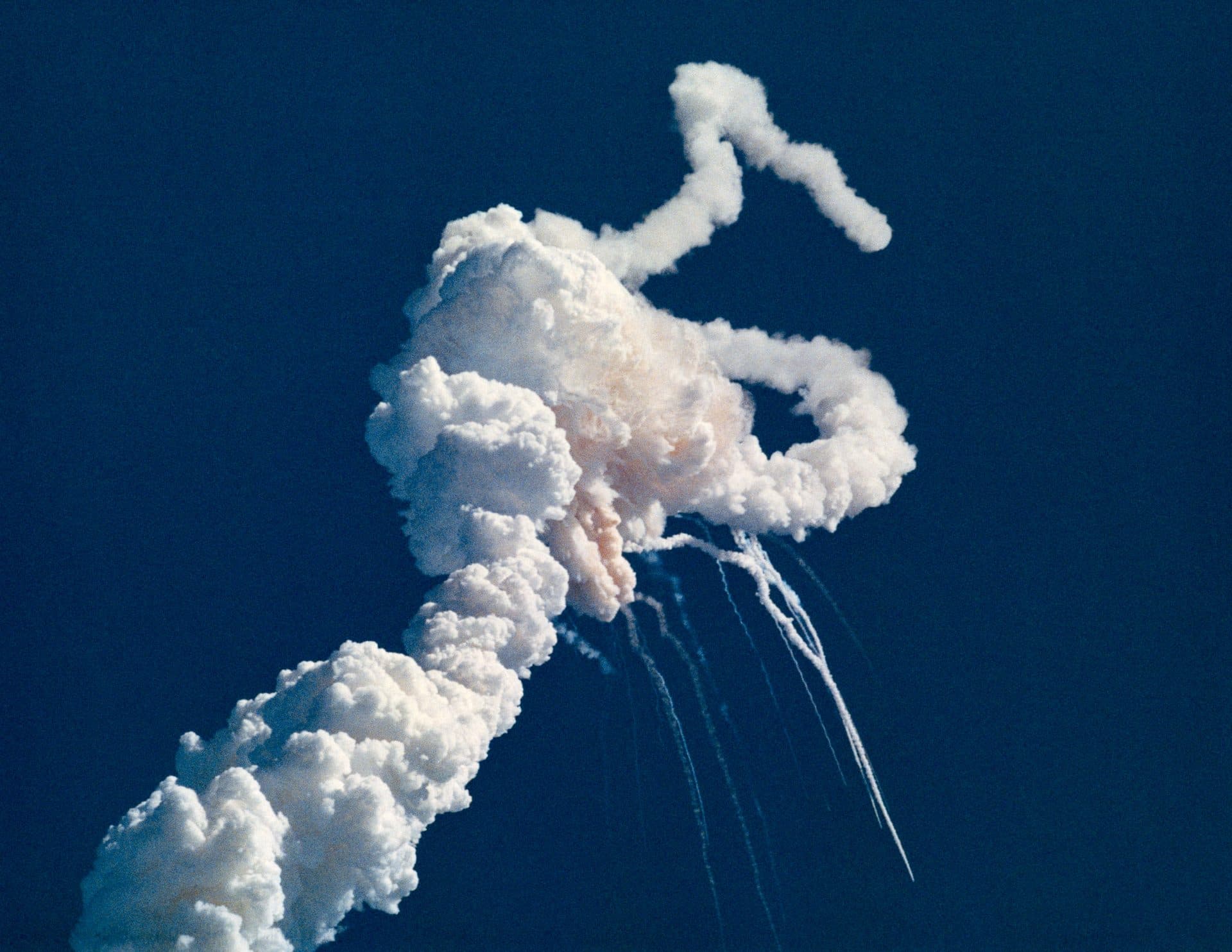 Space Shuttle Challenger breaking apart 73 seconds into its flight, January 28, 1986
